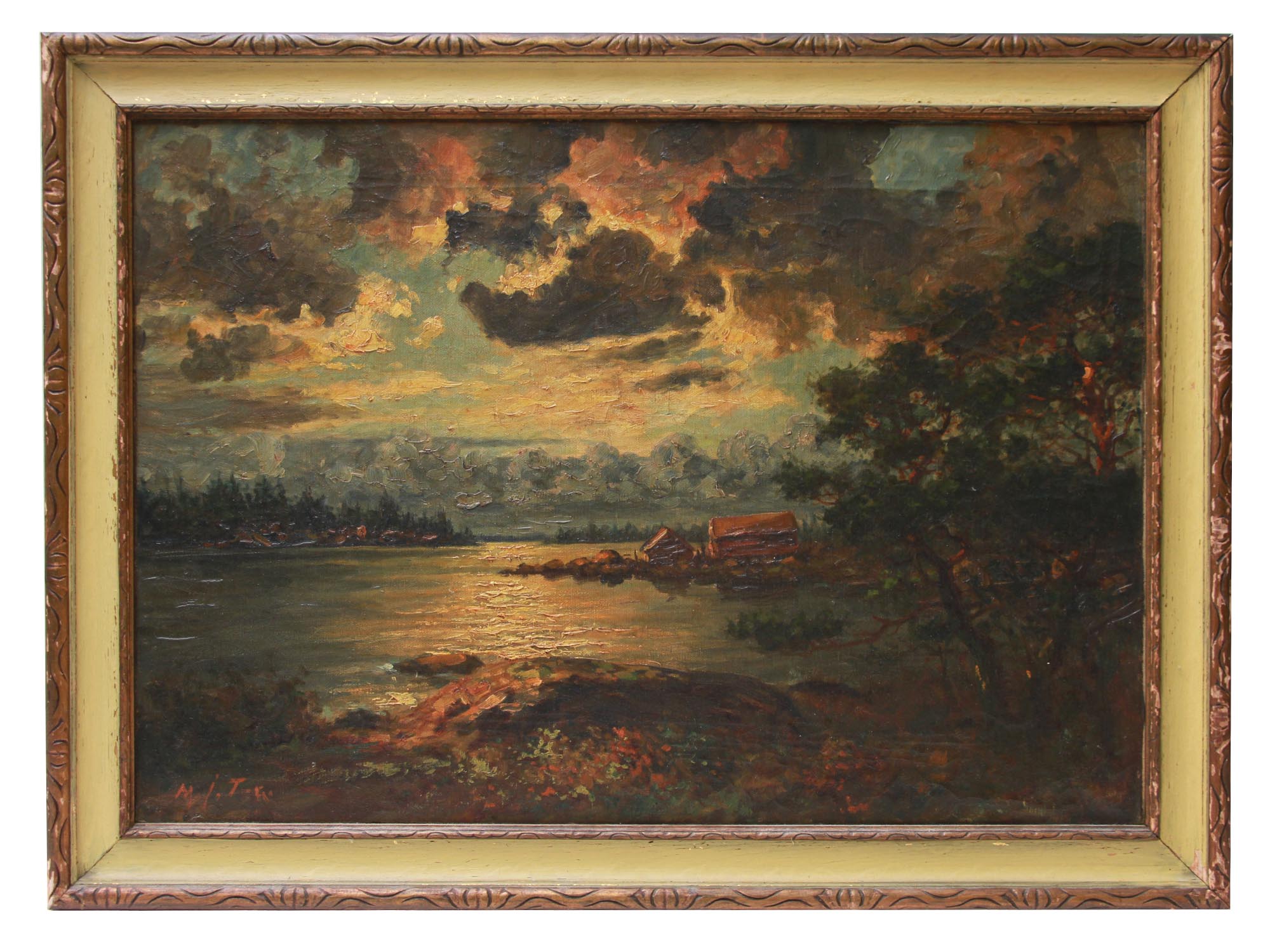 A VINTAGE SIGNED OIL PAINTING OF A LAKESIDE HOUSE PIC-0